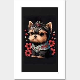 Super Cute Yorkshire Terrier Puppy Portrait - Japanese style Posters and Art